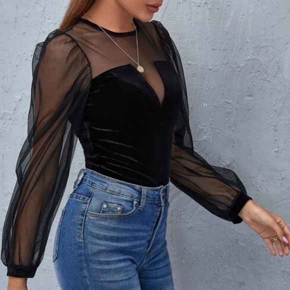 011 Luxe Black Sexy Sheer Sleeve Blouse - Picture 4 of 7